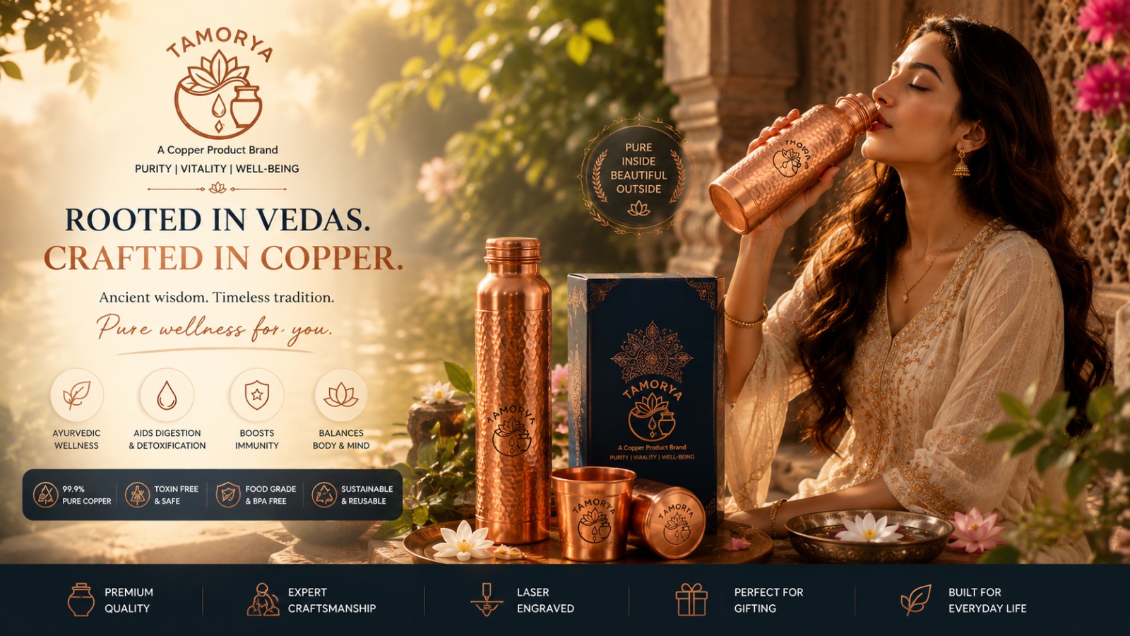 Tamorya — Rooted in Vedas, Crafted in Copper. Pure copper bottles for Ayurvedic wellness.